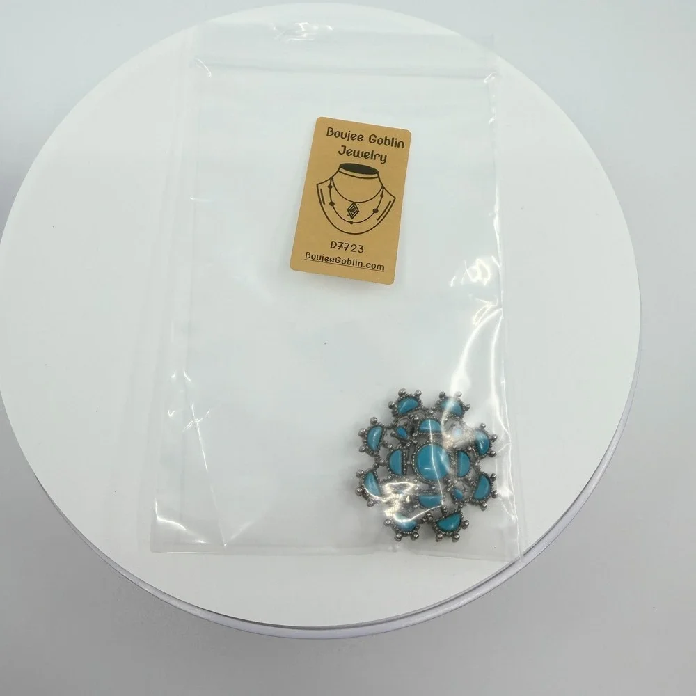 Vintage Silver Tone Simulated Turquoise Flower Brooch Pin Boho Retro Ornate‎ 90s